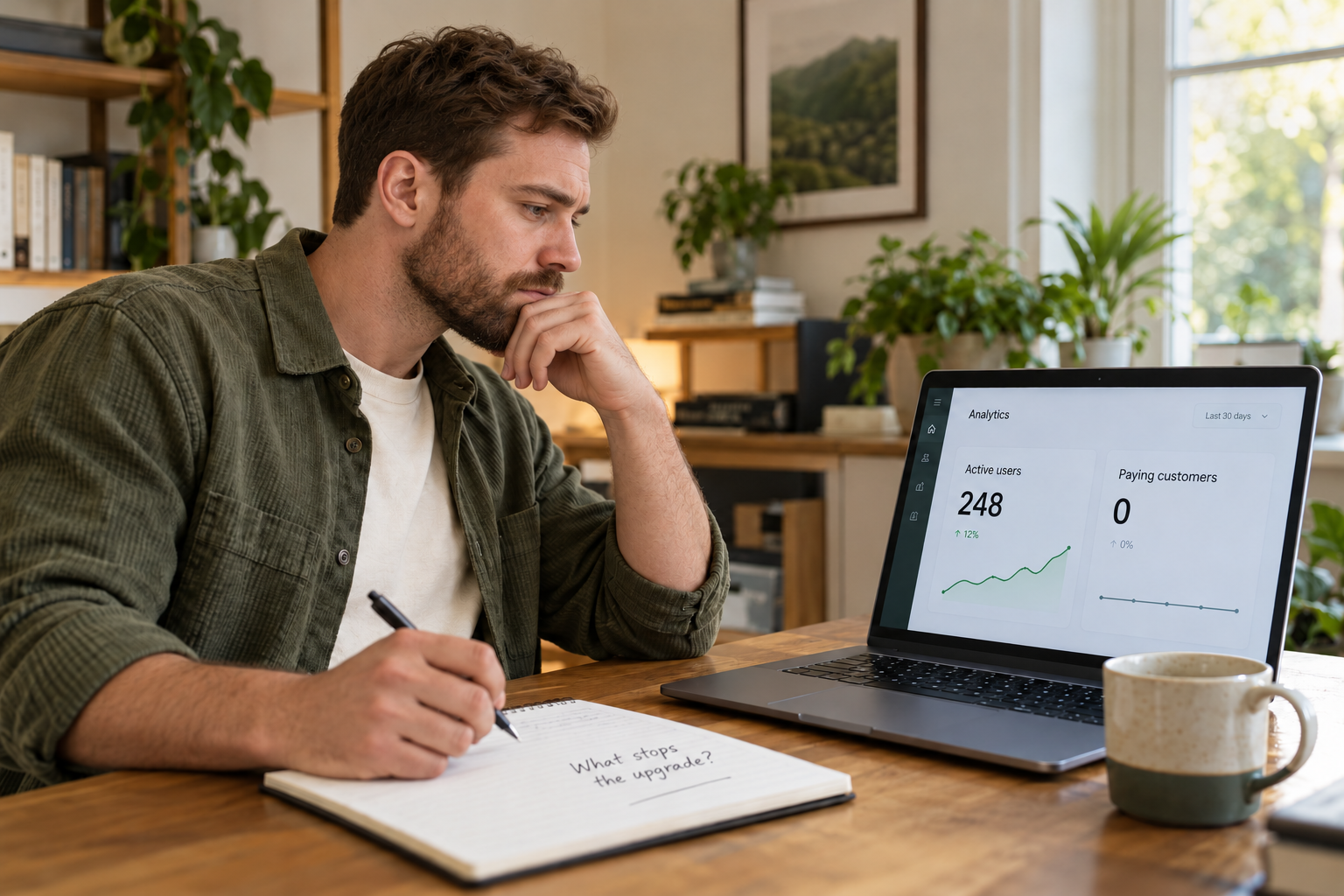 A founder reviews a laptop dashboard showing 248 active users and zero paying customers, beside a notebook asking what stops the upgrade.