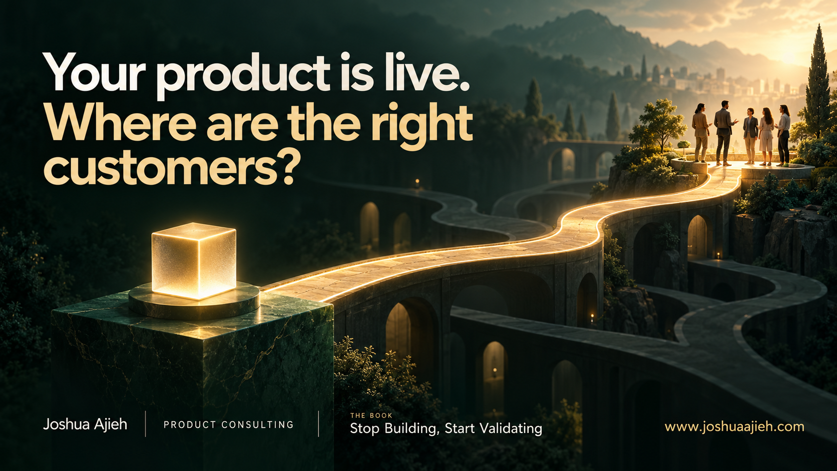 A glowing pathway connects a product cube to a group of potential customers, illustrating startup distribution. The image features Joshua Ajieh’s product consulting, Stop Building, Start Validating, and www.joshuaajieh.com.