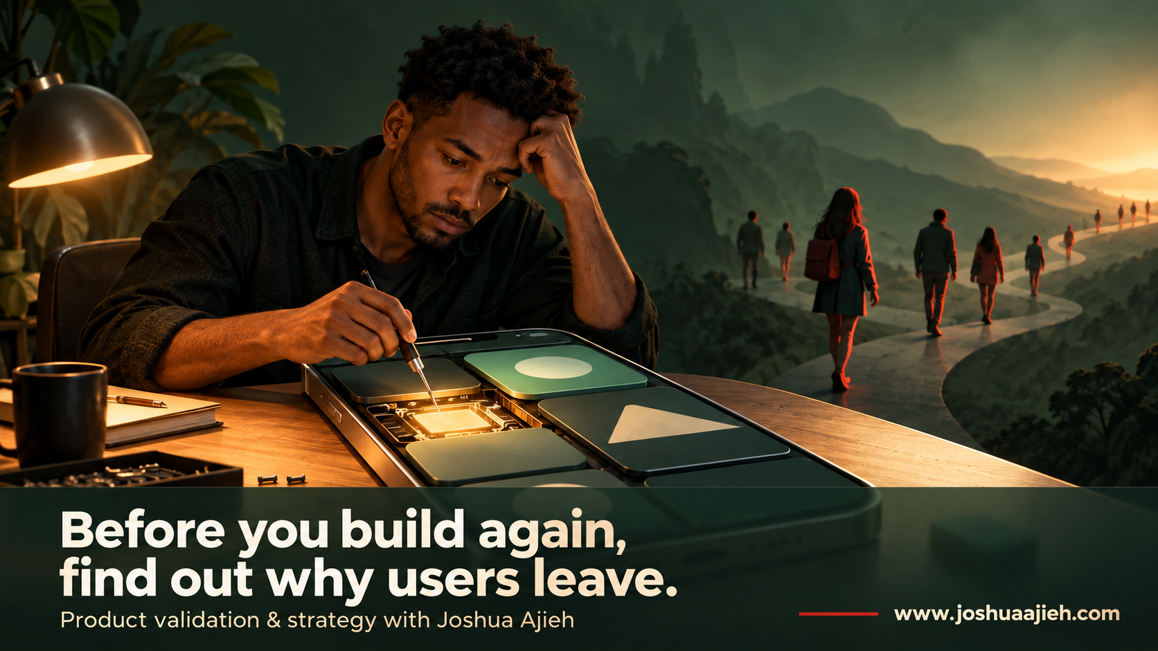 A weary startup founder repairs an app while users walk away, illustrating the need to understand poor retention before building more features. Text reads: “Before you build again, find out why users leave.” Branded with Joshua Ajieh’s product validation and strategy services and www.joshuaajieh.com